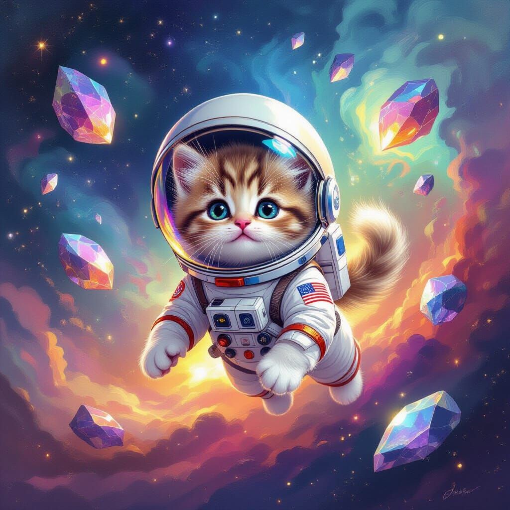 Fluffy Kitten Astronaut in Cosmic Nebula