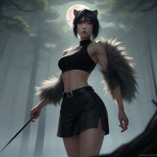 Anime Werewolf Girl in Misty Forest, 3D Illustration