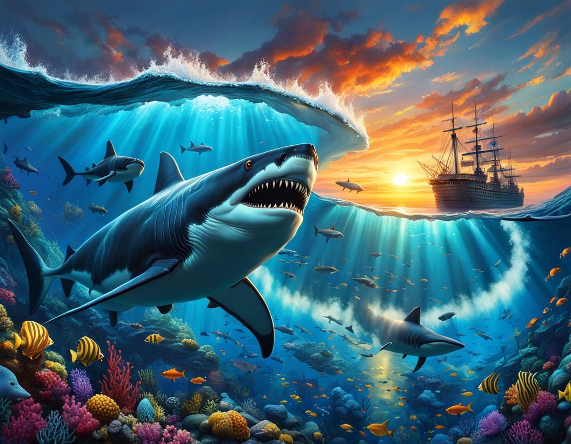 Megalodon in Ocean Depths: A Wyland-esque Painting