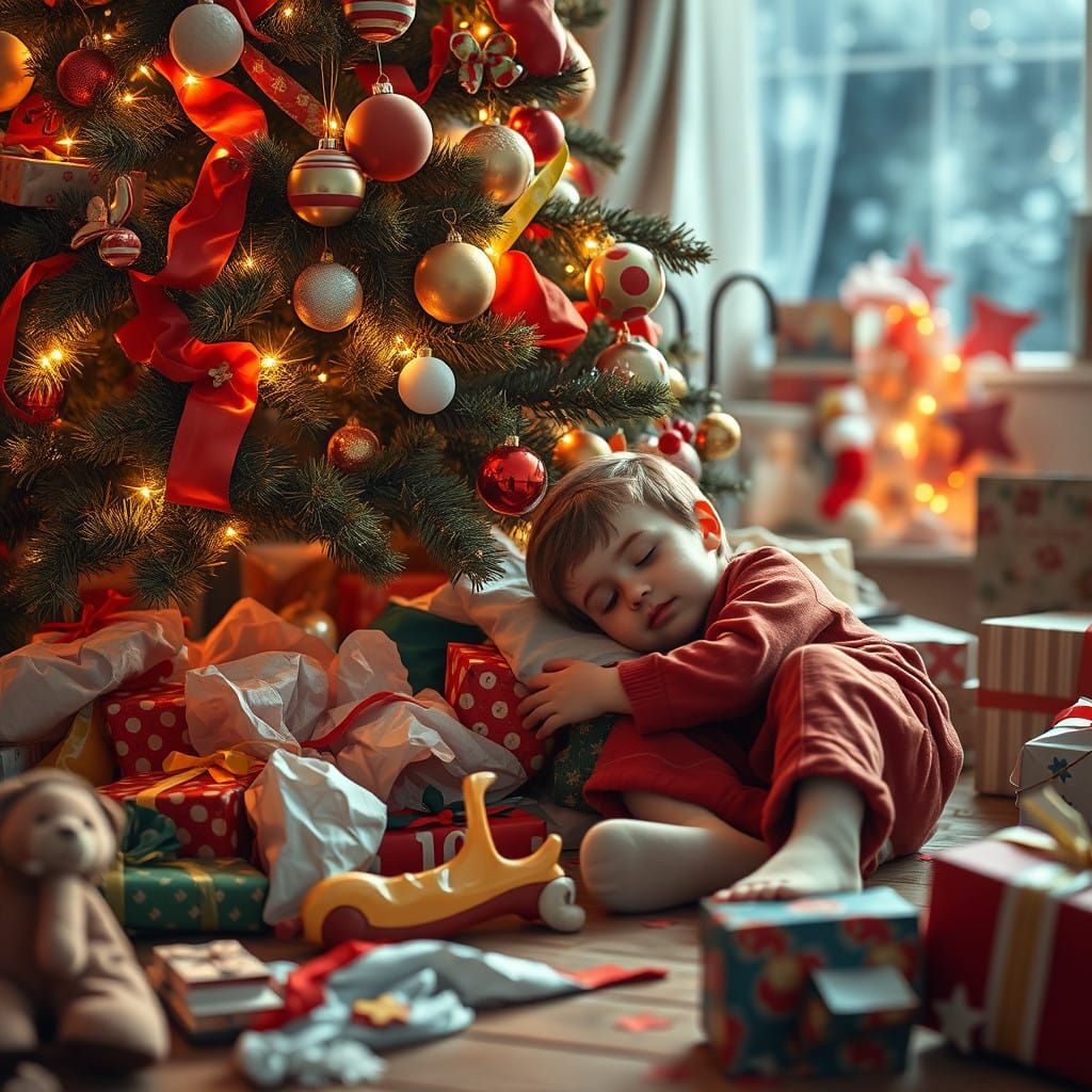 Peaceful Winter Wonderland Scene of a Child by a Christmas T...