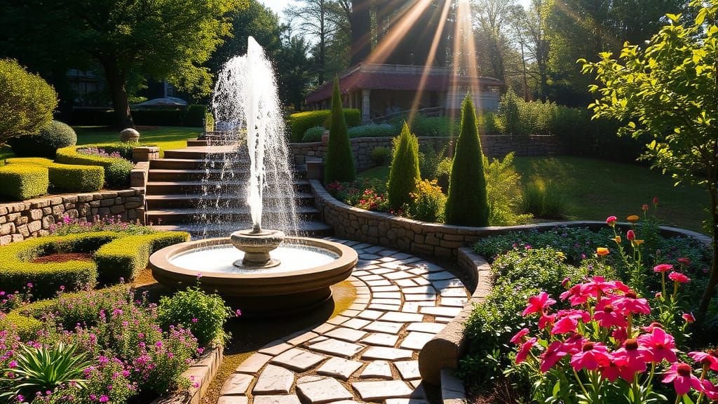 Idyllic Garden Scene with Water Fountain