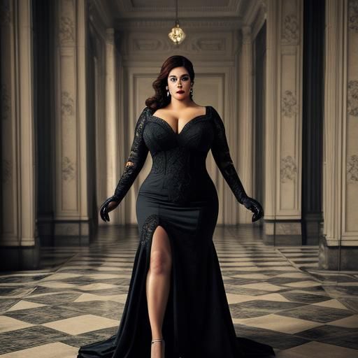 Curvaceous Woman in Gown, Stockings and Heels