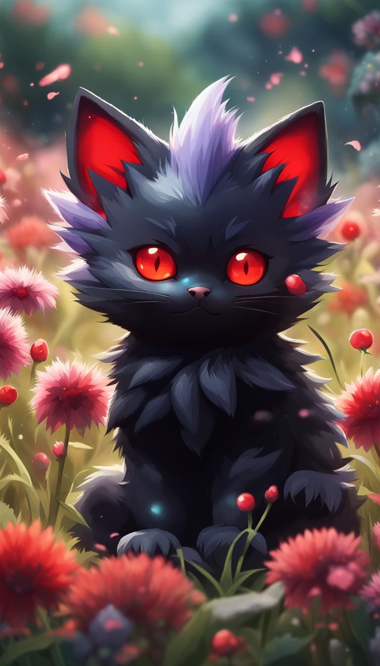 Black Kitten with Red Eyes in Flower Field