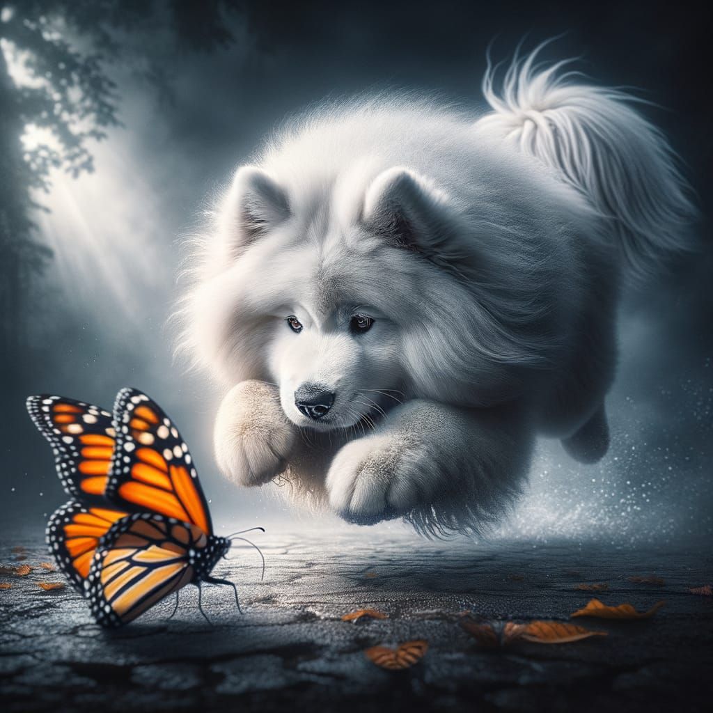 Samoyed Puppy Chasing Monarch Butterfly in Cinematic Style