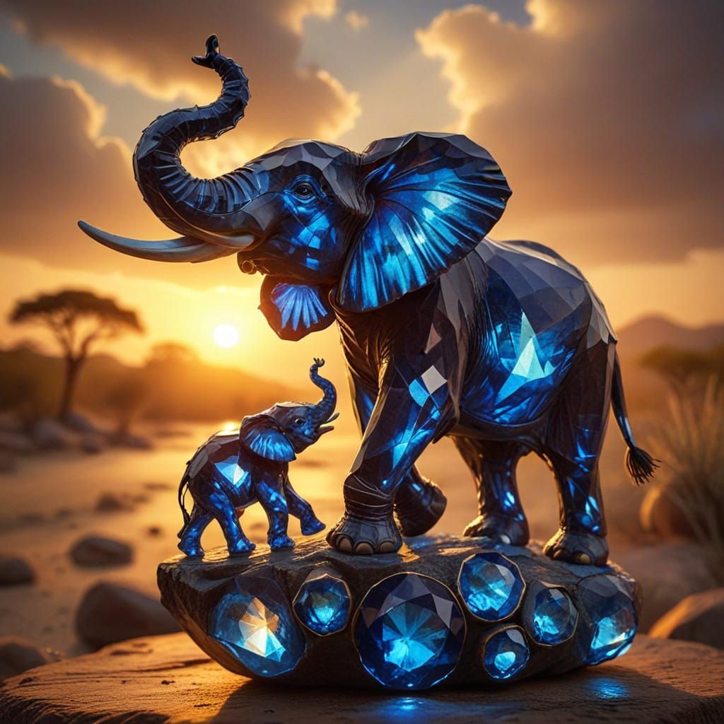 Faceted Sapphire Elephant and Baby