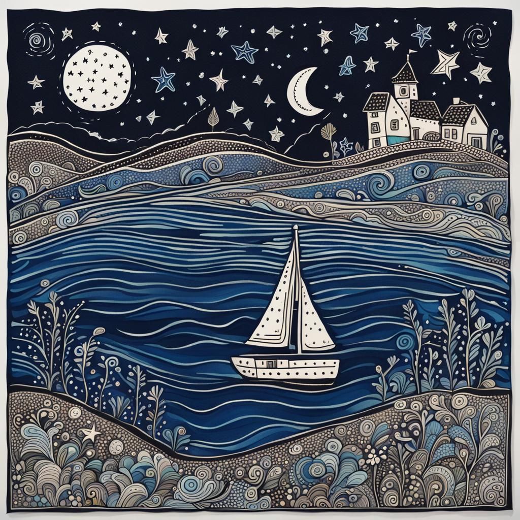 Folk Art Doodle of Sailboat at Night