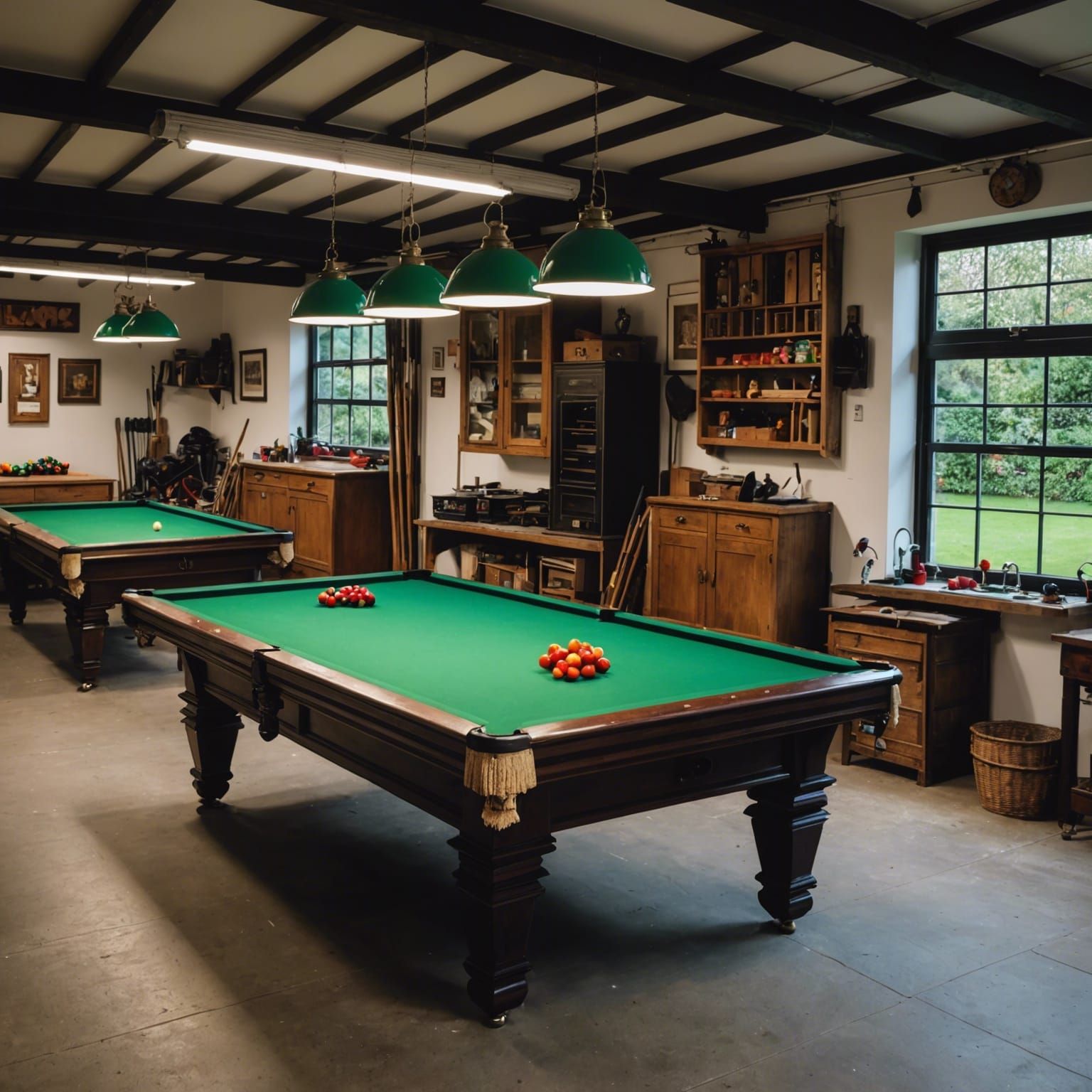Snooker tables in a garage