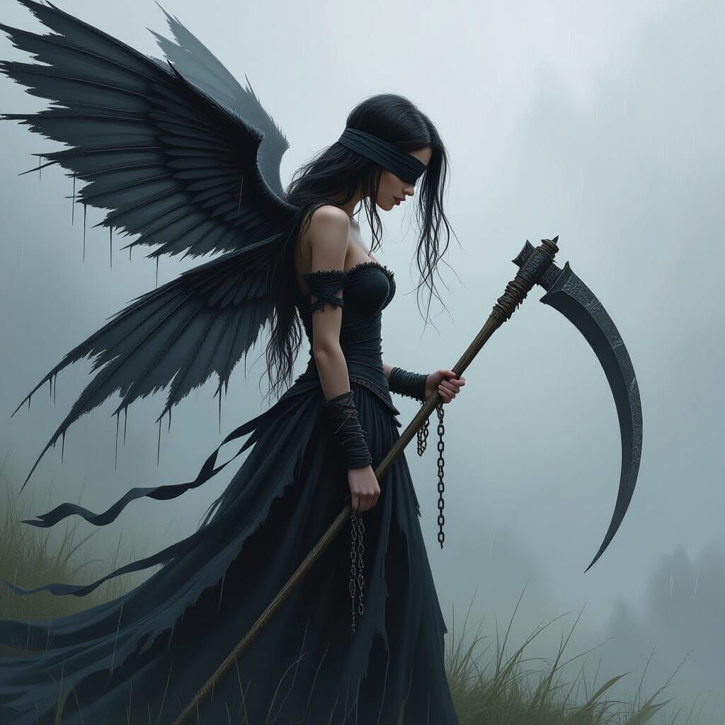 Fairy with Scythe in Tattered Dress, Blindfolded, Rainy Scen...