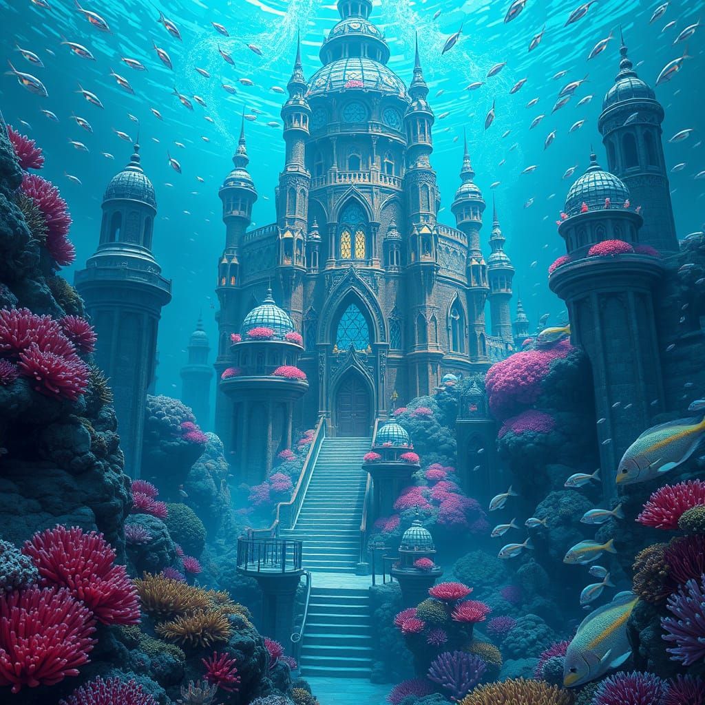 Underwater Citadel with Vibrant Coral and Fish