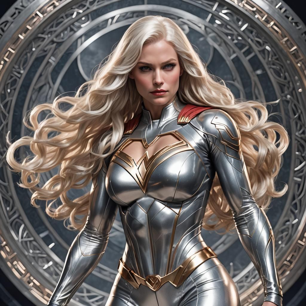 Platinum Blonde Supergirl in Celtic-Inspired Suit