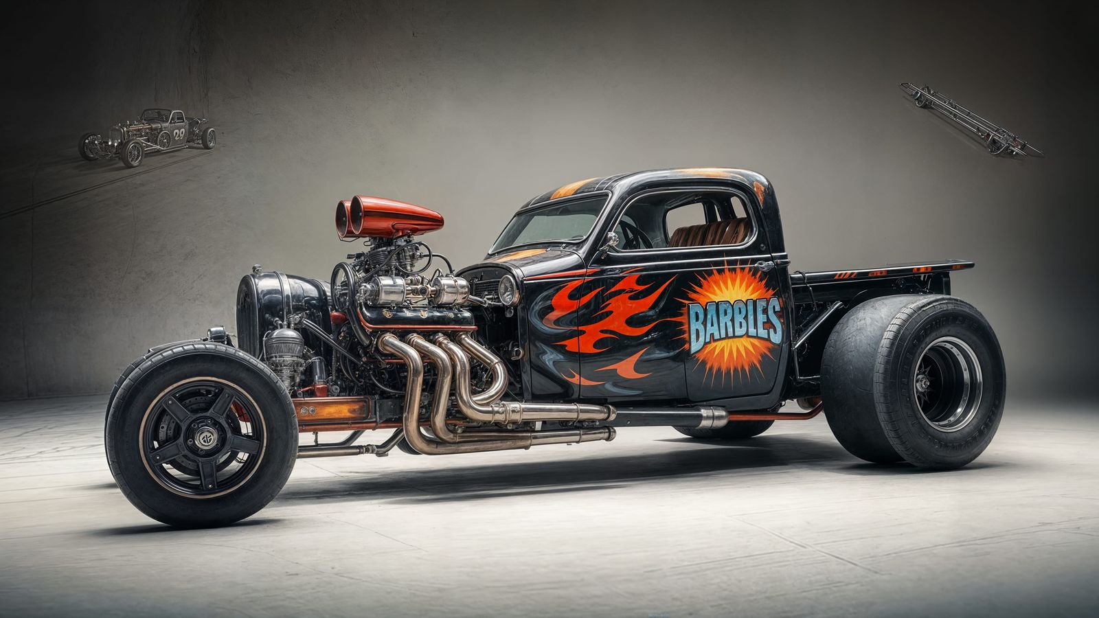 Cyberpunk Rail Car Dragster in Neon-Lit Studio