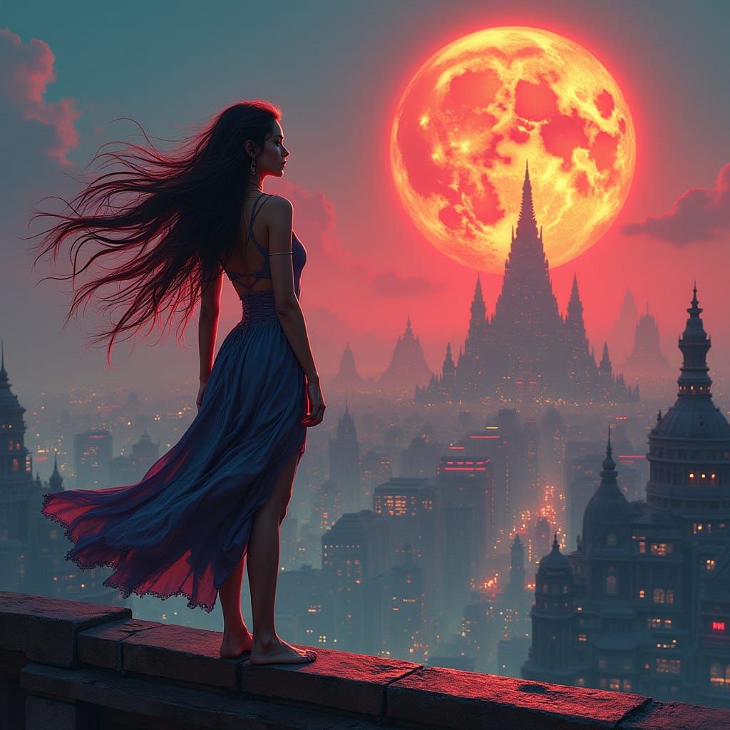 Woman Channeling Mars Over Cyberpunk City at Dawn