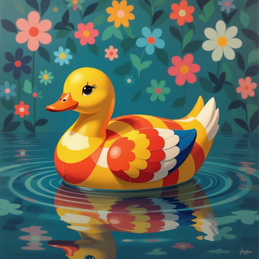 Paper Mandarin Duck on Pond, Murakami and Klee Style