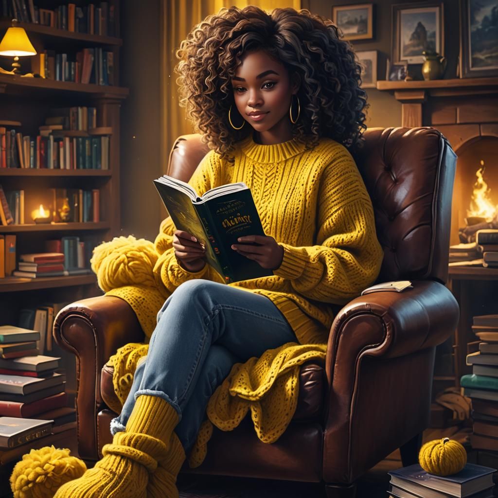 Cozy Airbrush Illustration of Woman Reading a Book