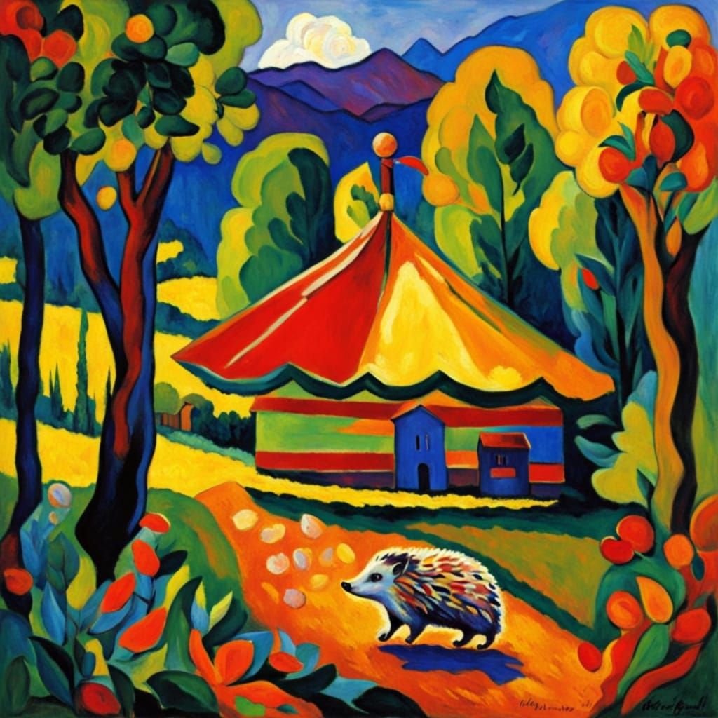 Fauvist Hedgehog on Rustic Carousel Oil Painting