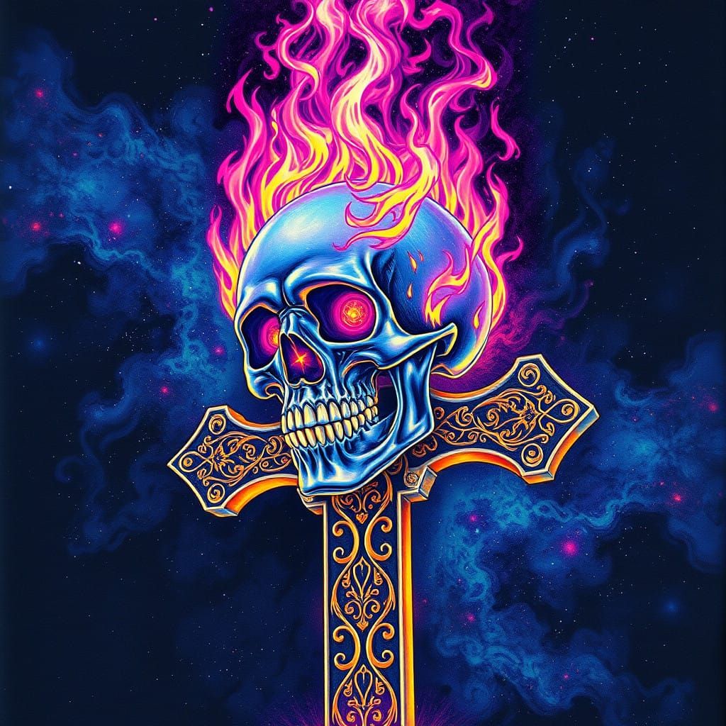 Glowing Flaming Skull on Cosmic Cross