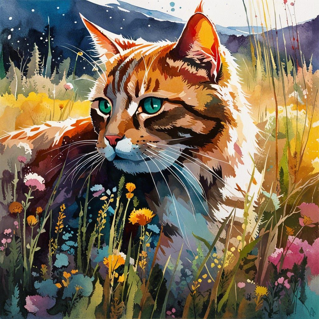 Hyperrealistic Cat in Meadow Watercolor Art