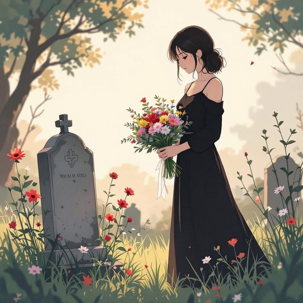 Woman with Flowers at Grave, Anime Style