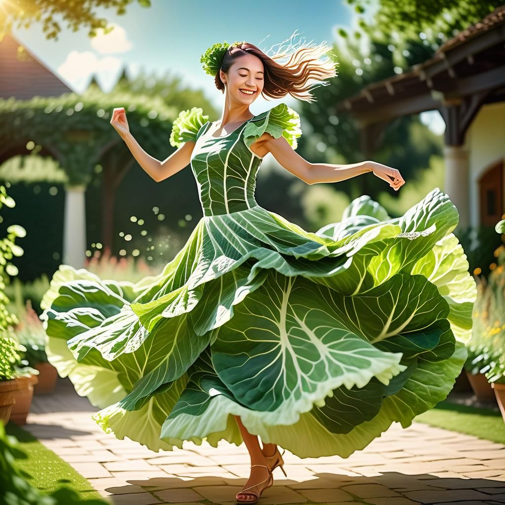 Smiling Woman in Cabbage Dress Dancing