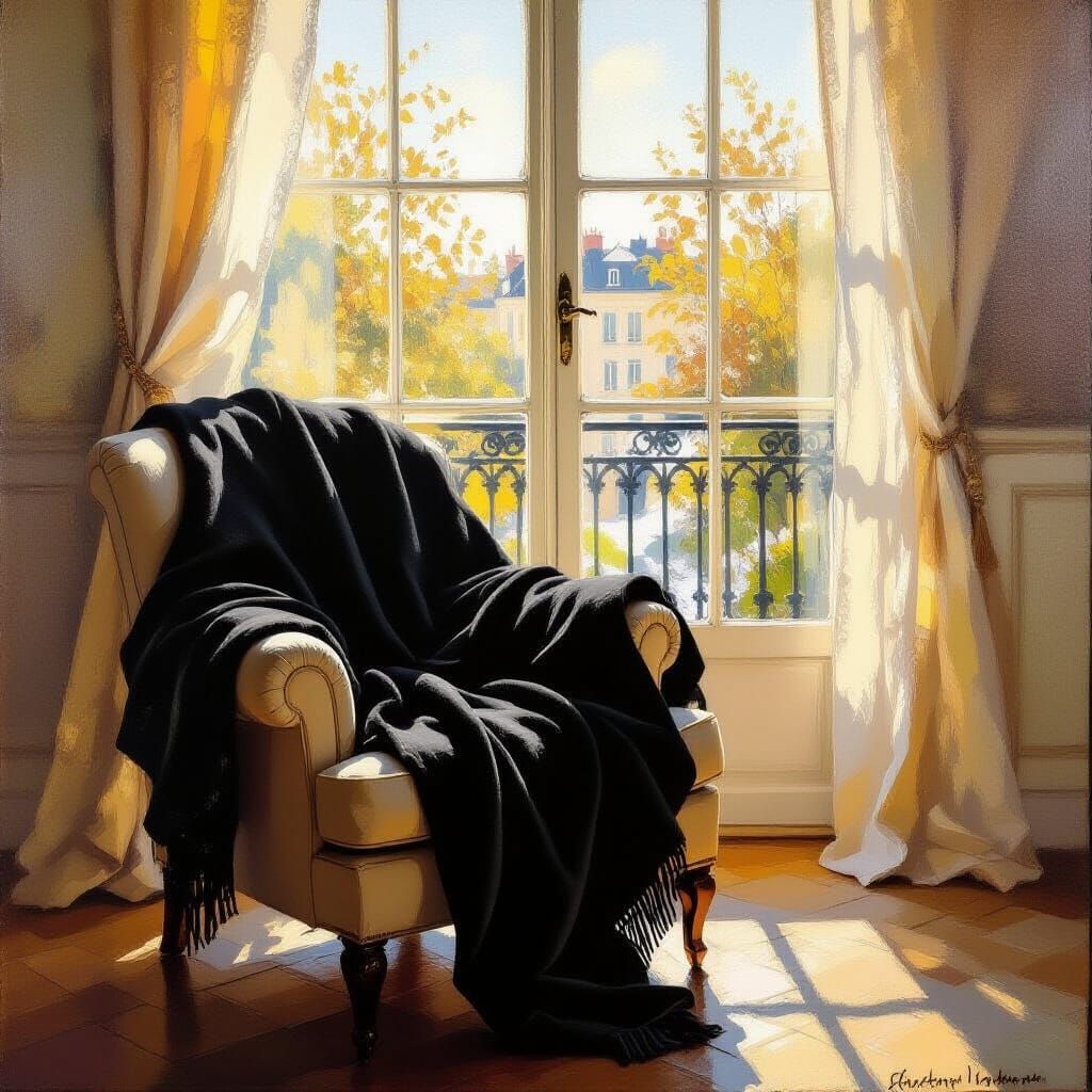 Cozy Armchair in Golden Hour Sunlight, Impressionistic Style