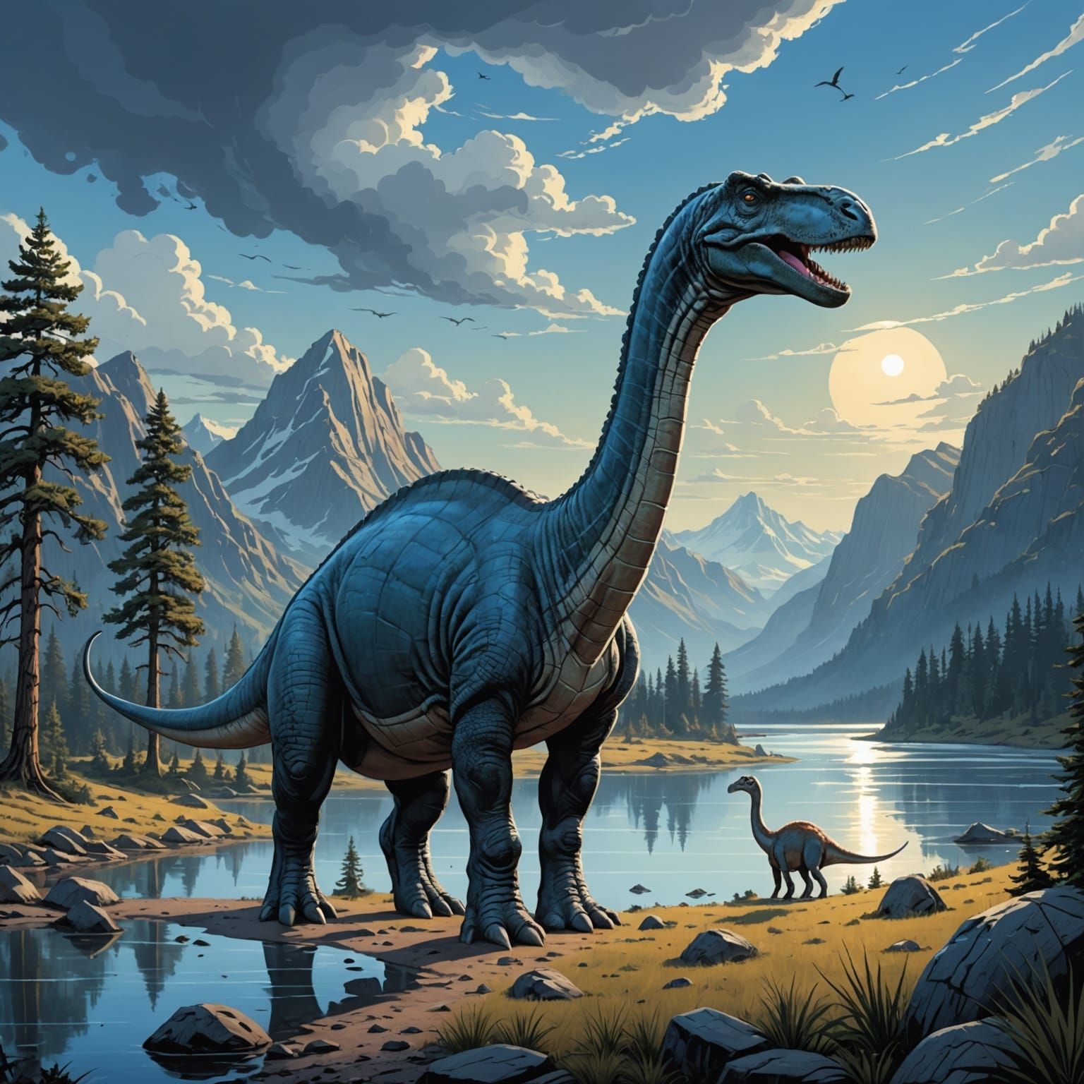 Blue and Grey Brontosaurus Near a Lake