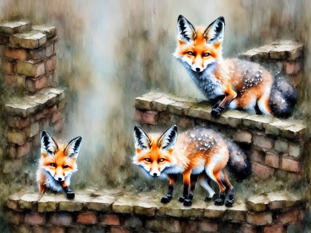 Whimsical Fox Cub Peeks from Mossy Brick Wall