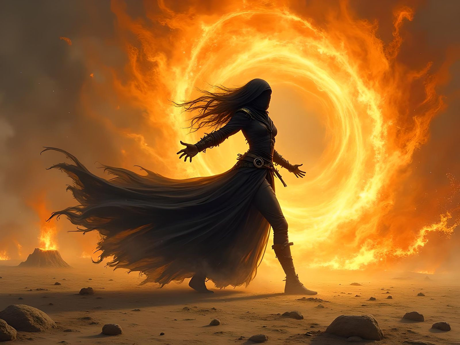 Fiery Ghost Woman Summons Fire in Desert Battle