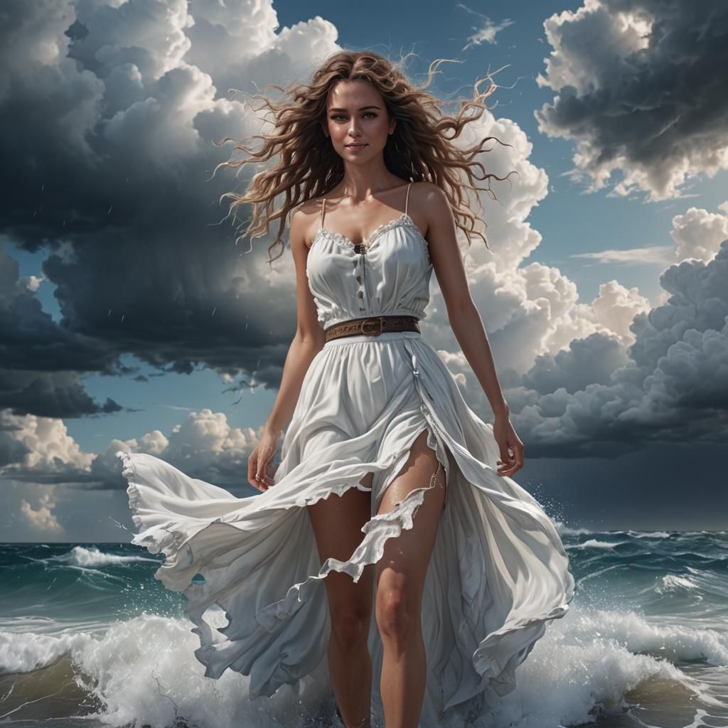 Woman with Flowing Hair on Stormy Beach