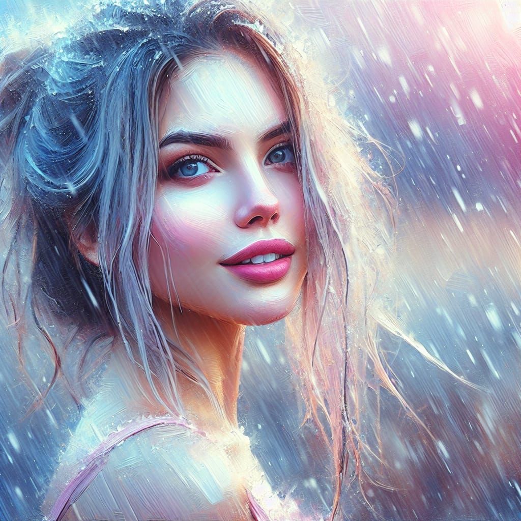 Hyperrealistic Summer Painting of Woman in Snowy Rain