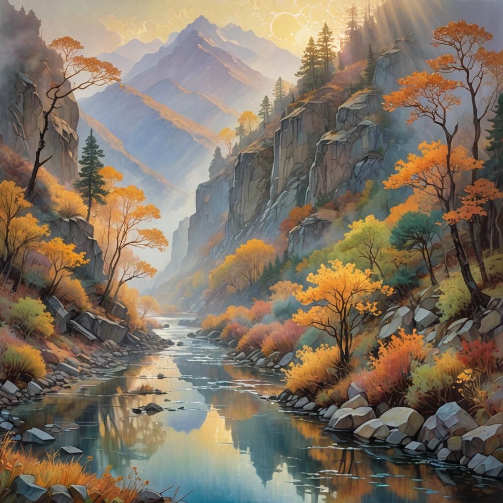 Foggy Autumn Mountain River in Lyrical Style