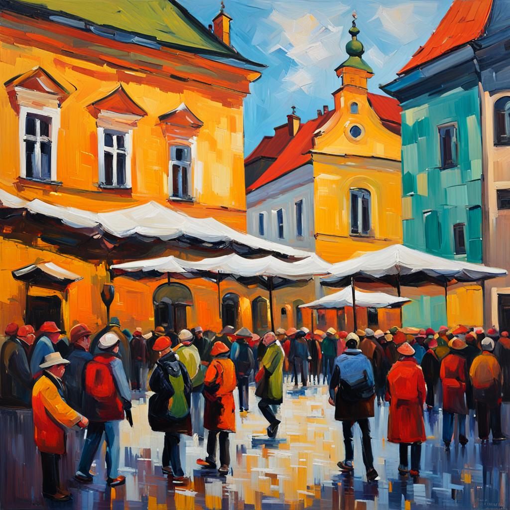 Vibrant Market Scene in Poznan: Neo-Expressionist Oil Painti...