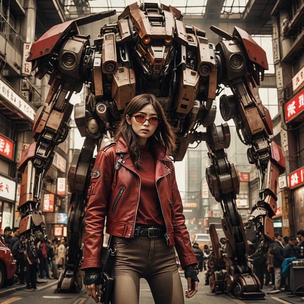 Cyberpunk Girl with Giant Mech Cinematic Still