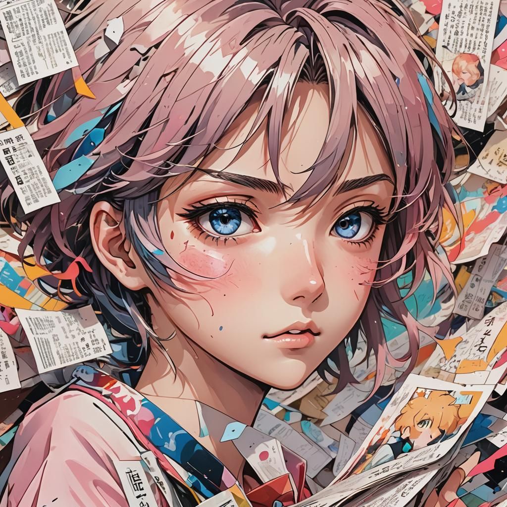 Blushing Anime Character Surrounded by Manga Pages