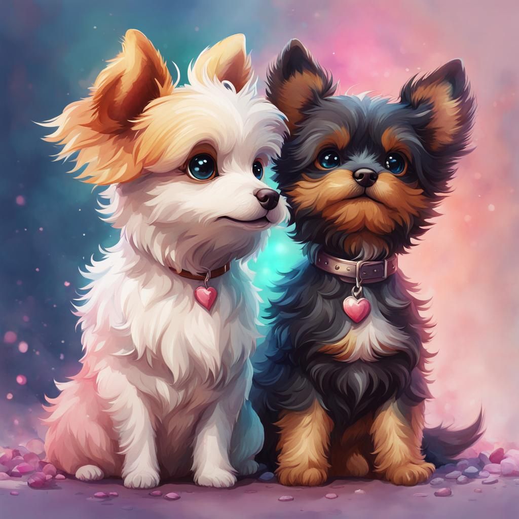 Watercolor Painting of Two Cute Little Dogs