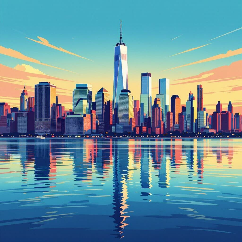 Vibrant NYC Skyline Illustration in Stylized Graphic Art