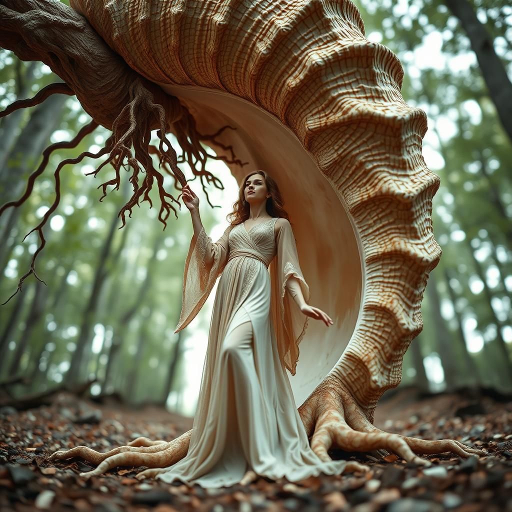 Statuesque Lady and Giant Clam Shell in Ethereal Light