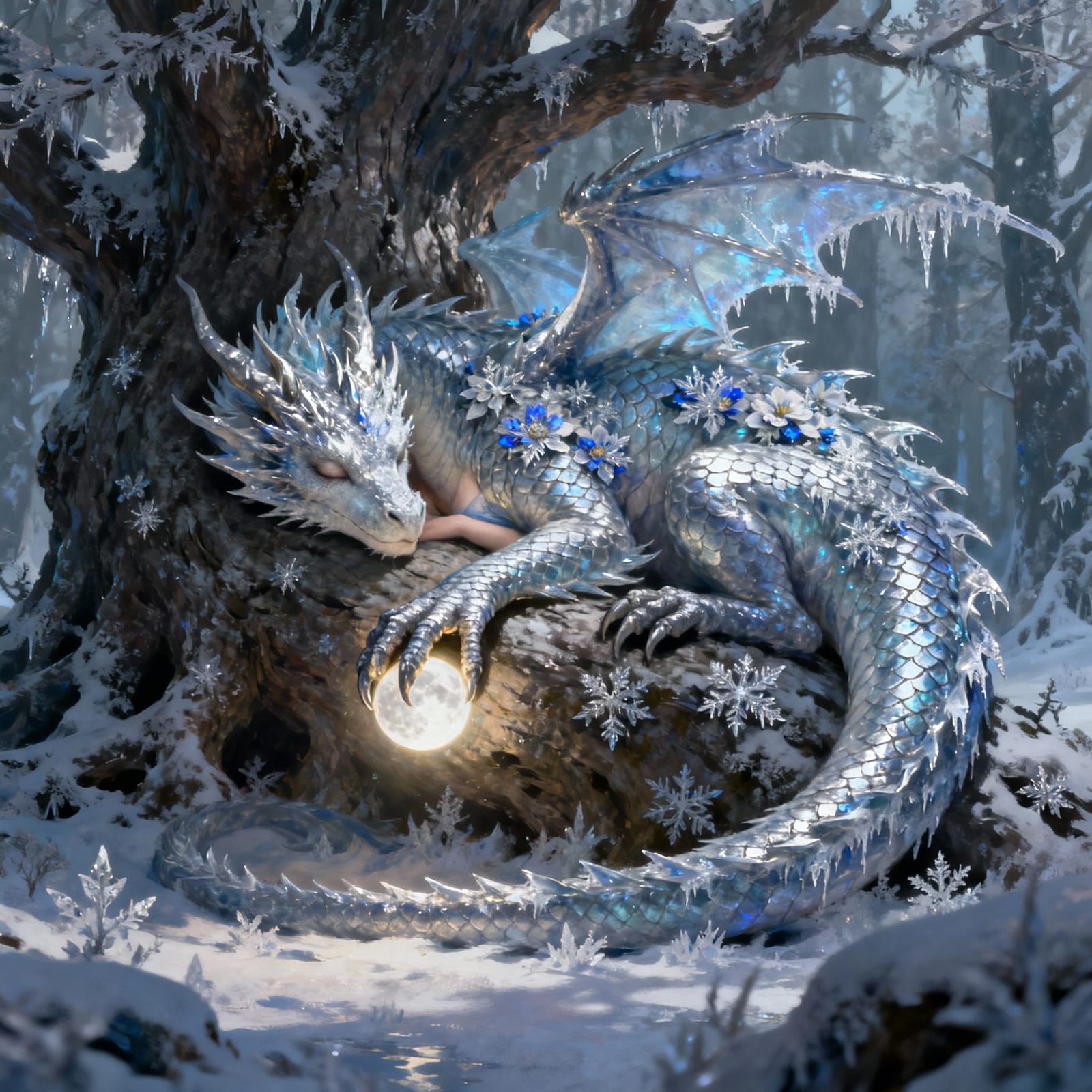 Majestic Ice Dragon Sleeps by Ancient Tree