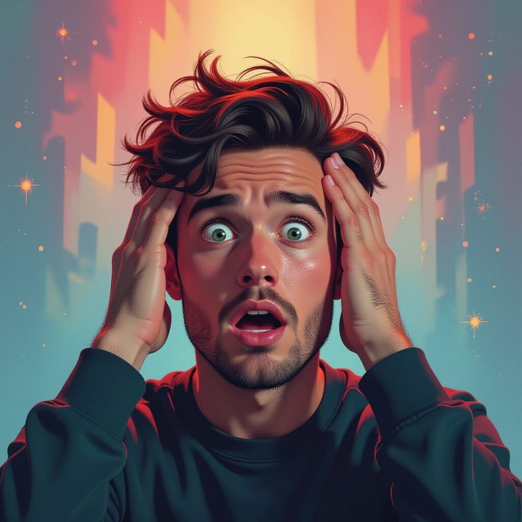 Shocked Person in Abstract Sci-Fi Landscape