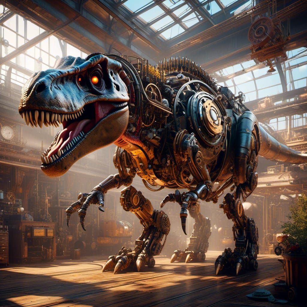 Steampunk Mechanical T-Rex in Biomechanical Style