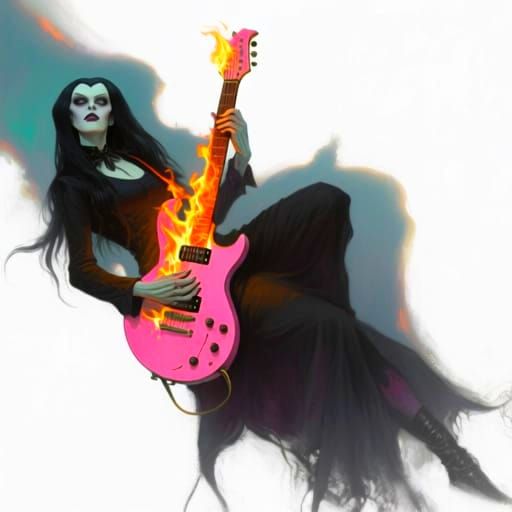 Mystical Morticia Addams as Rock Star Playing Guitar