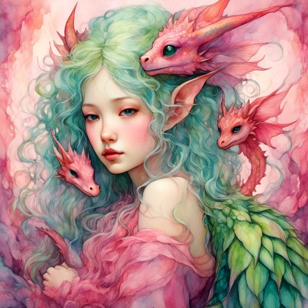 Fae Hugging Dragon in Romantic Watercolor Concept Art