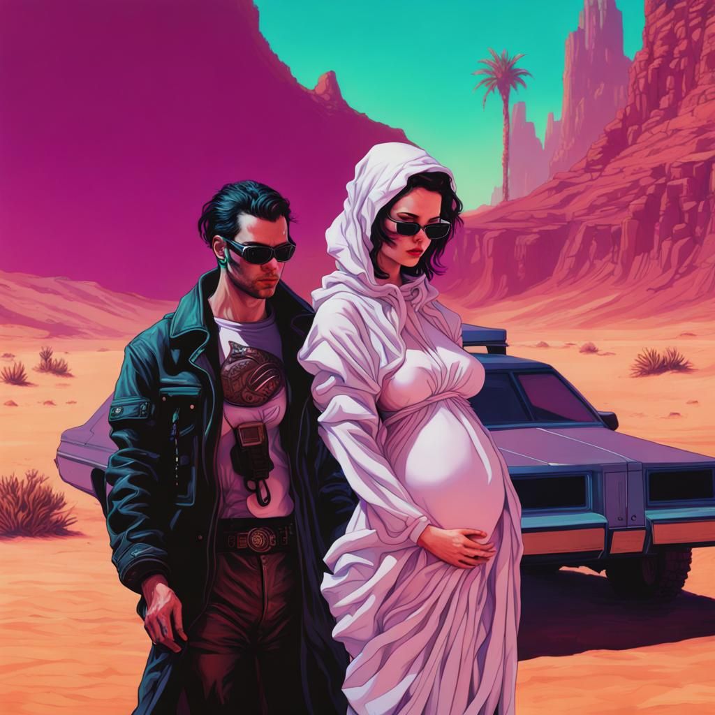 Cyberpunk Nativity: Mary and Gabriel in the Desert