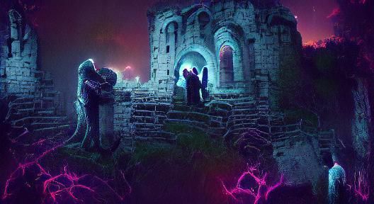 Eldritch God Embraced Amidst Castle Ruins at Night