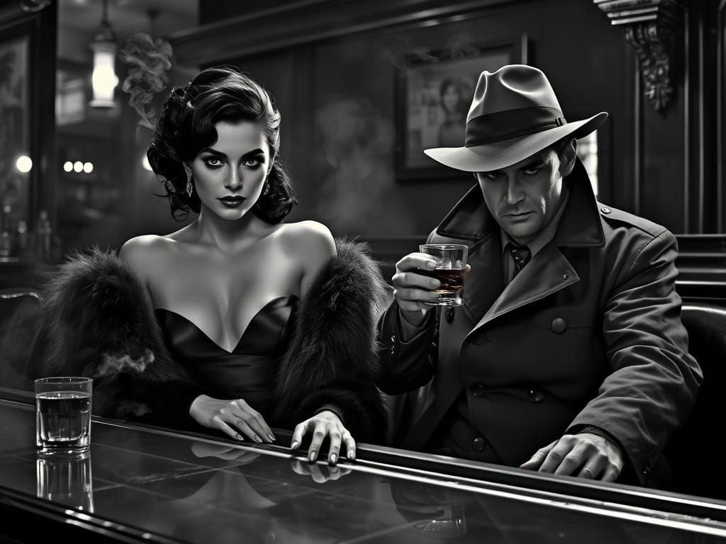 Sultry Femme Fatale in a Film Noir Bar Scene