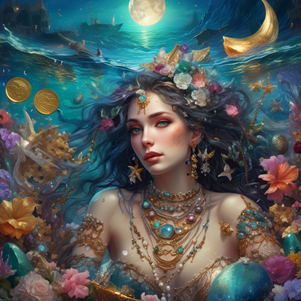 Mermaid Portrait with Gold Treasure on Beach