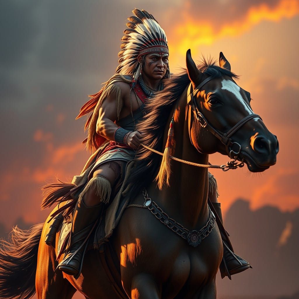 Native American Warrior in Regalia, Ready for Battle