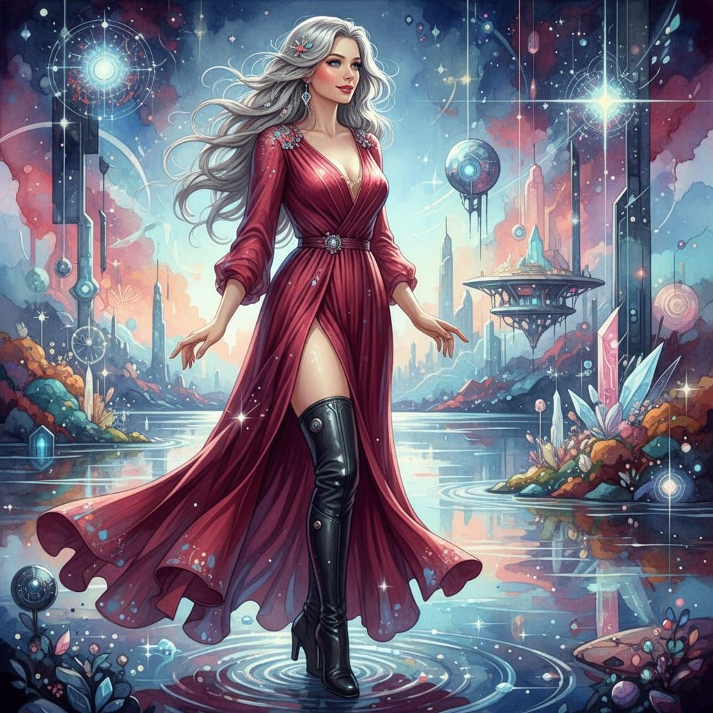 Modern Watercolor of Woman in Burgundy Dress