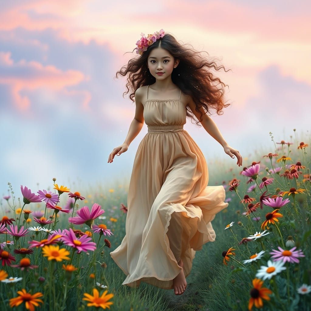 Whimsical Woman Embraces Nature's Magic in a Dreamy Meadow