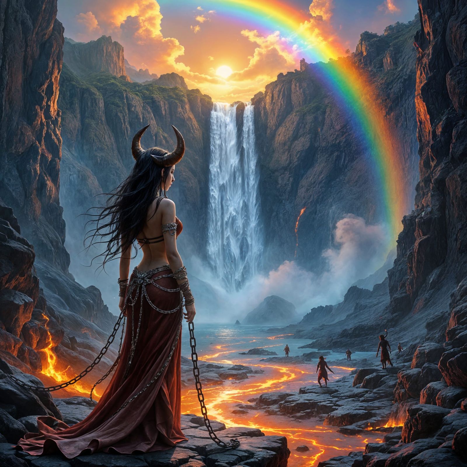 Fantasy Demoness at Lava Waterfall in Hell