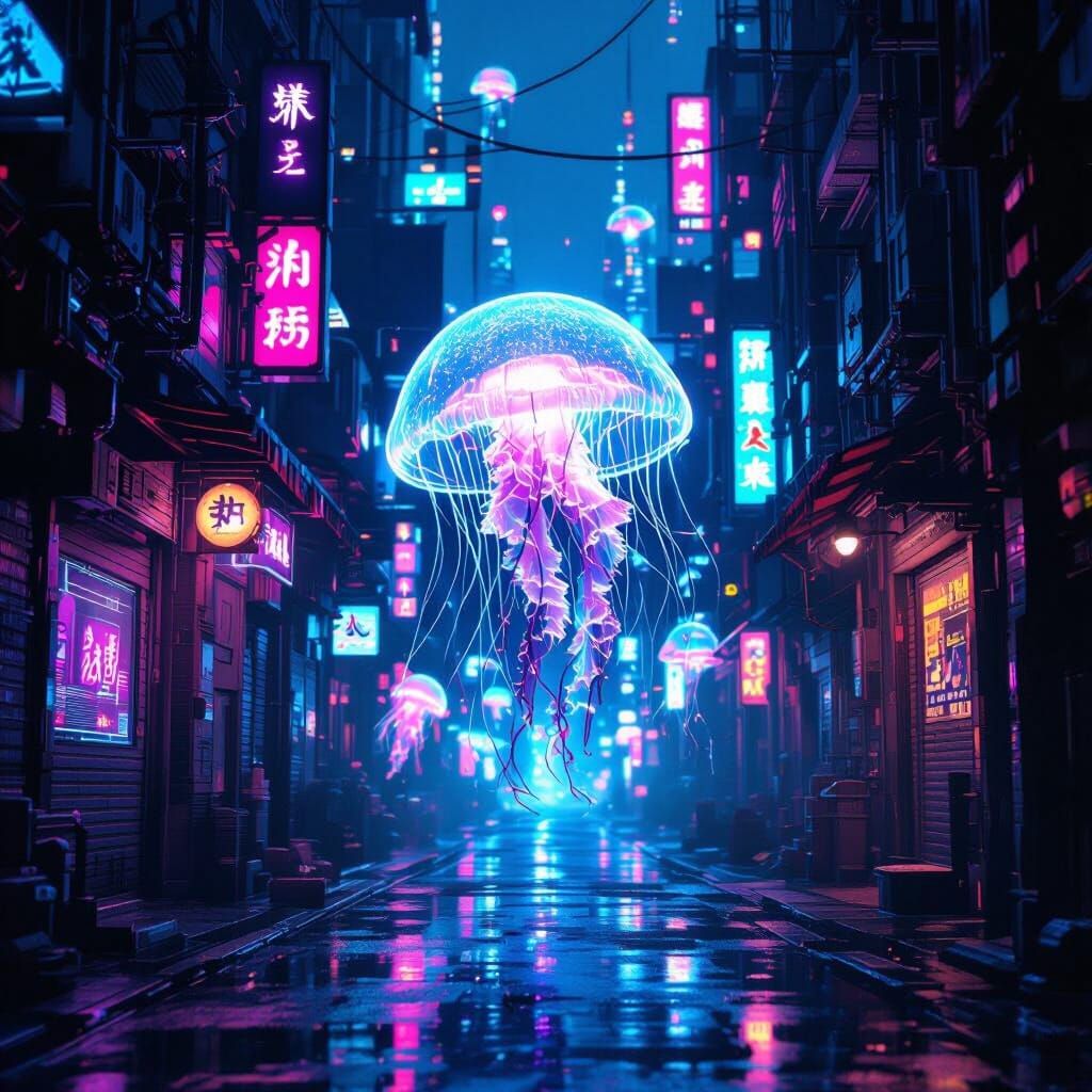 Bioluminescent Jellyfish Drifting Through Cyberpunk City